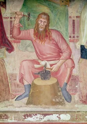 Alegorie aktivního a vítězného kostela, detail řezu vpravo dole zobrazující Tubal-kaina, kolem 1366-68